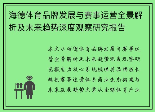 海德体育品牌发展与赛事运营全景解析及未来趋势深度观察研究报告
